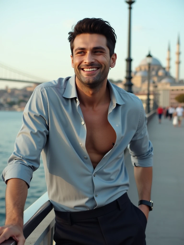 Tuna is standing on a bridge in Istanbul. He is leaning on the bridge railing and looking into the camera. It is a close-up of his upper body. He is elegantly dressed, his shirt is slightly unbuttoned. He is smiling dreamily.