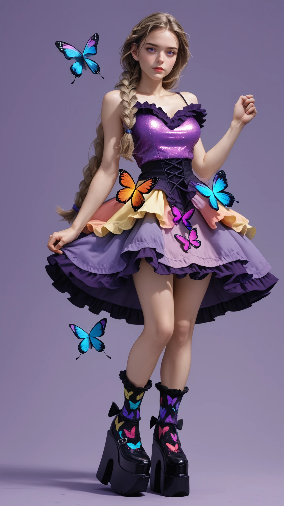 score_9, score_8_up, score_7_up, BREAK, 1 woman, lush breasts, simple purple background, simple background, wearing reij-papilio, purple dress, (hip-length skirt), black knee-high ruffled socks, black platform shoes, butterfly details  <lora:reij-papilio:1>, (model posing:1.2), hands on skirt