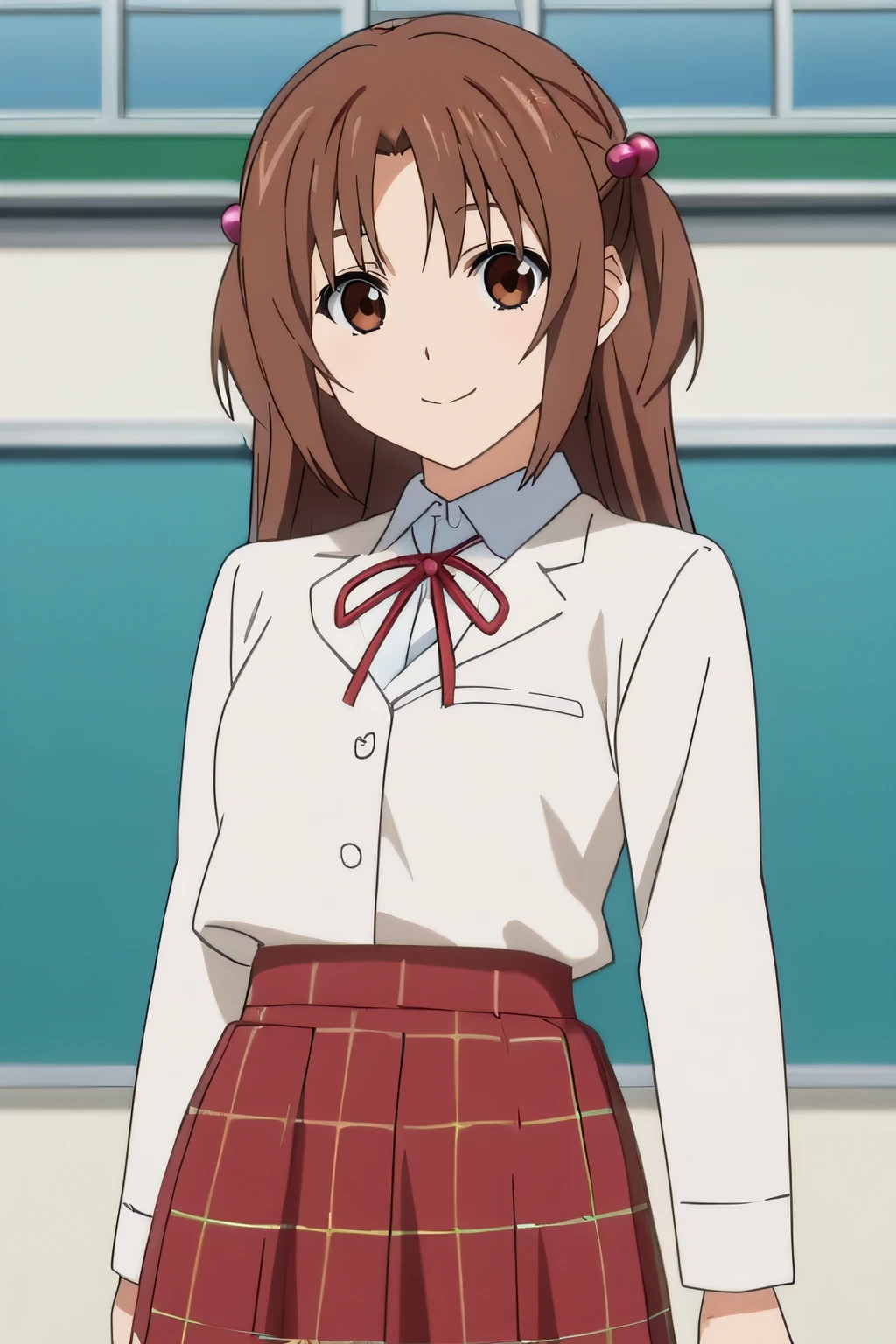 score_9, score_8_up, score_7_up, source_anime, rating_safe, intricate details, anime screencap, official style, 1girl, <lora:Uchida_Yuka:1>, yuka, brown hair, hair ornament, hair bobbles, long hair, brown eyes, school uniform, white shirt, collared shirt, white blazer, red knot, red skirt, plaid skirt, cowboy shot, looking at viewer, smile, indoor