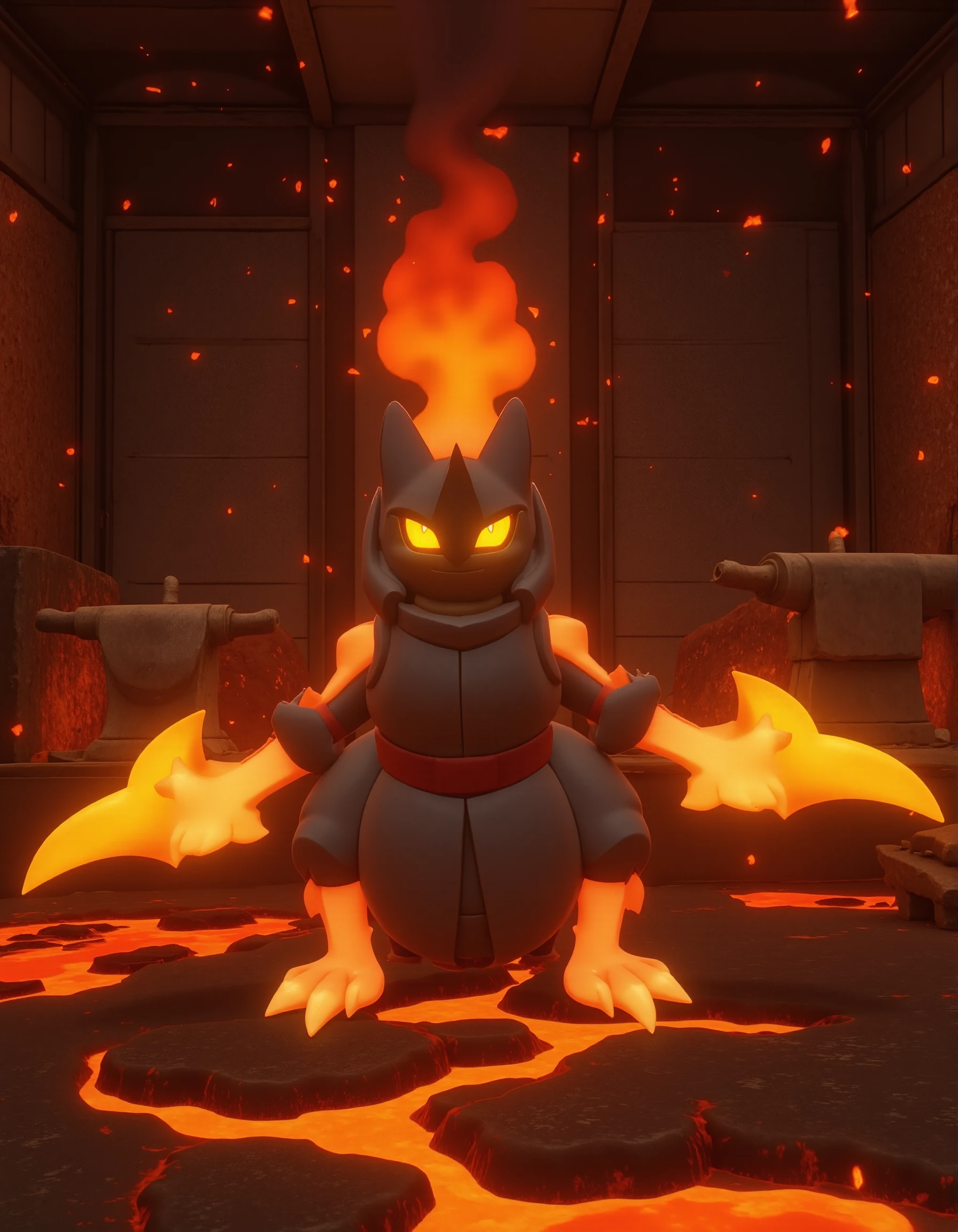 <lora:AntiBlur:3>, <lora:PokÃ©mon Legends Arceus:1>, Hisui
Flarequin: A digital image featuring a stylized, cartoon-like representation of Flarequin, a fire/steel-type PokÃ©mon species. Flarequin is shown standing in a molten forge, surrounded by glowing pools of lava and large anvils. Its sleek, knight-like body is made of molten metal armor, glowing with bright orange and red heat. Its arms end in sharp, blade-like claws that radiate with intense heat, while its eyes glow a molten gold. The scene is lit by the radiant light of the molten lava and the sparks flying from the PokÃ©mon's armor. The tone of the image is fierce and industrial, with the forgeâs heat amplifying Flarequinâs fiery intensity.