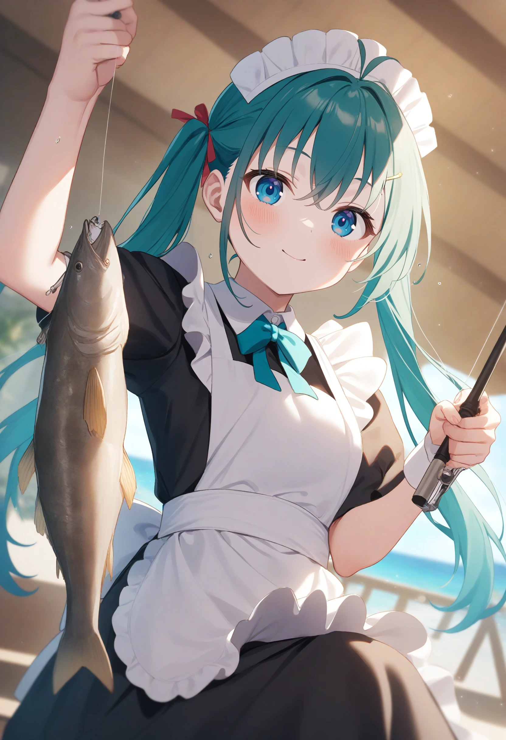 1girl,sincos, ningen mame, toosaka asagi,solo,medium breasts,20yo,maid,maid headdress,
fishing, fishing rod, fish, boat, holding fishing rod, holding fish, ocean, day, arm up, water drop, fishing line, <lora:fishing_XL_v1:0.8>
ceiling, cinematic angle, looking at viewer, aqua hair, silver eyes,light smile,  closed mouth, short twintails hair,,
best quality, very aesthetic, absurdres