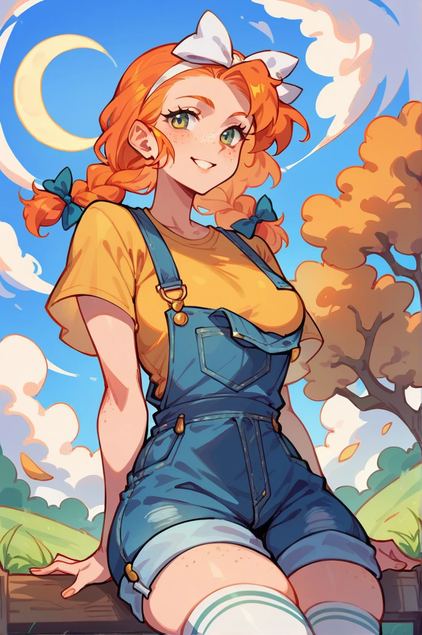 <lora:ann:1.3> Ann, Harvest Moon, fair skin, freckles,(orange hair:1.5),braid, (white hair bow:1.2), yellow t shirt, denim overalls,1girl,solo,thigh high socks,<lora:more_details:1>  <lora:Smooth Anime Style LoRA XL:1>, score_9, score_8_up, score_7_up,