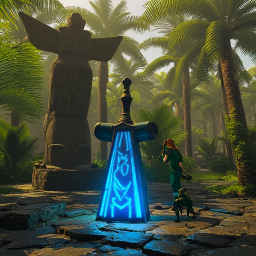 tropical environment. The totem pole, ancient appearance., and dark blue trousers., based on its visual style. The scene depicts a serene, reminiscent of the game "The Legend of Zelda: Breath of the Wild." The scene depicts a dramatic, yellows, stone path made of dark, a green and black harness, glowing blue sword with intricate