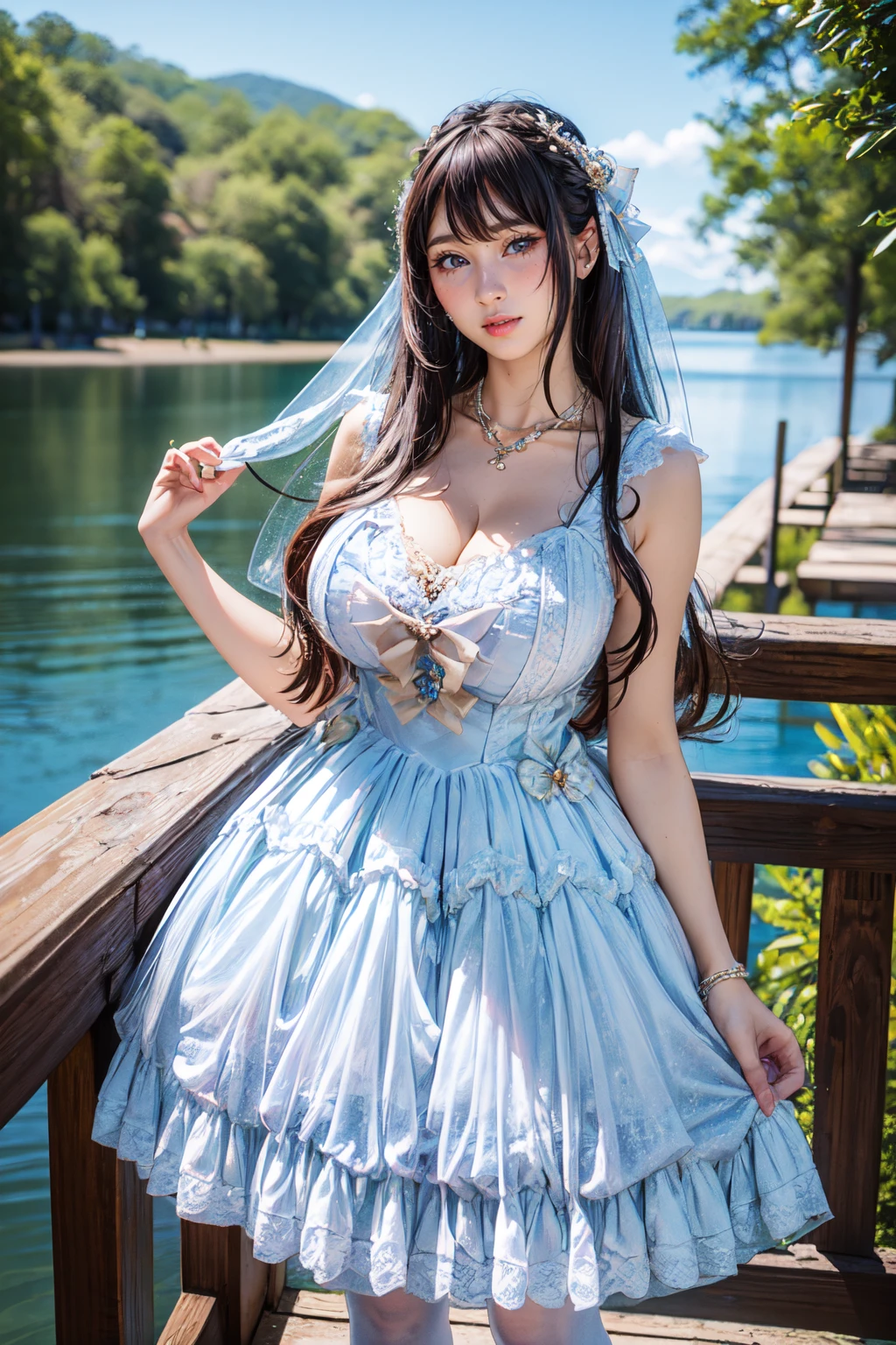 (masterpiece, best quality:1.2),illustration,8k,hd,1 girl,very long hair,solo,(collarbone:1.2),looking at viewer,
bswq,dress,white dress,blue dress,jewelry,necklace,pantyhose,lace,lace trim,lace-trimmed dress,sleeveless dress,((cleavage)),big breasts,outdoors,(day, lake:1.5),extremely detailed dress,crystalstexture skin,front view,