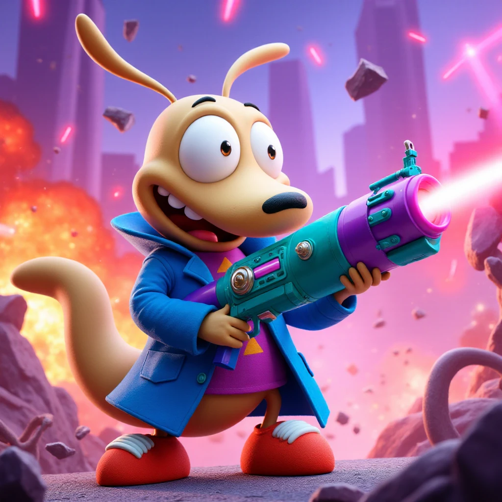 This is a vibrant, digitally rendered image in a cartoon style, featuring rockosmodellife character from a popular animated series. A short anthropomorphic kangaroo with a light beige body, large expressive eyes, and a wide, toothy grin. The rockosmodellife is dressed in a blue trench coat and purple triangle patterned shirt with red shoes and white laces. It is holding a futuristic, turquoise and purple laser gun, which has a glowing red beam emanating from its barrel. In the background, there are explosions and debris, suggesting a chaotic and action-packed environment. The sky is filled with bright red and purple streaks, indicating an intense battle or explosion. The setting appears to be a futuristic cityscape, with tall, curved buildings and a mix of neon and fiery colors.
The character's exaggerated expressions and vibrant colors, along with the dynamic action scene, create a lively and energetic atmosphere. The overall style is playful and humorous, typical of the animated series. The image is rich in detail, with textures ranging from smooth, shiny surfaces on the gun to rough, rugged textures in the background  <lora:[FLUX]RockosmodellifeV1:1>