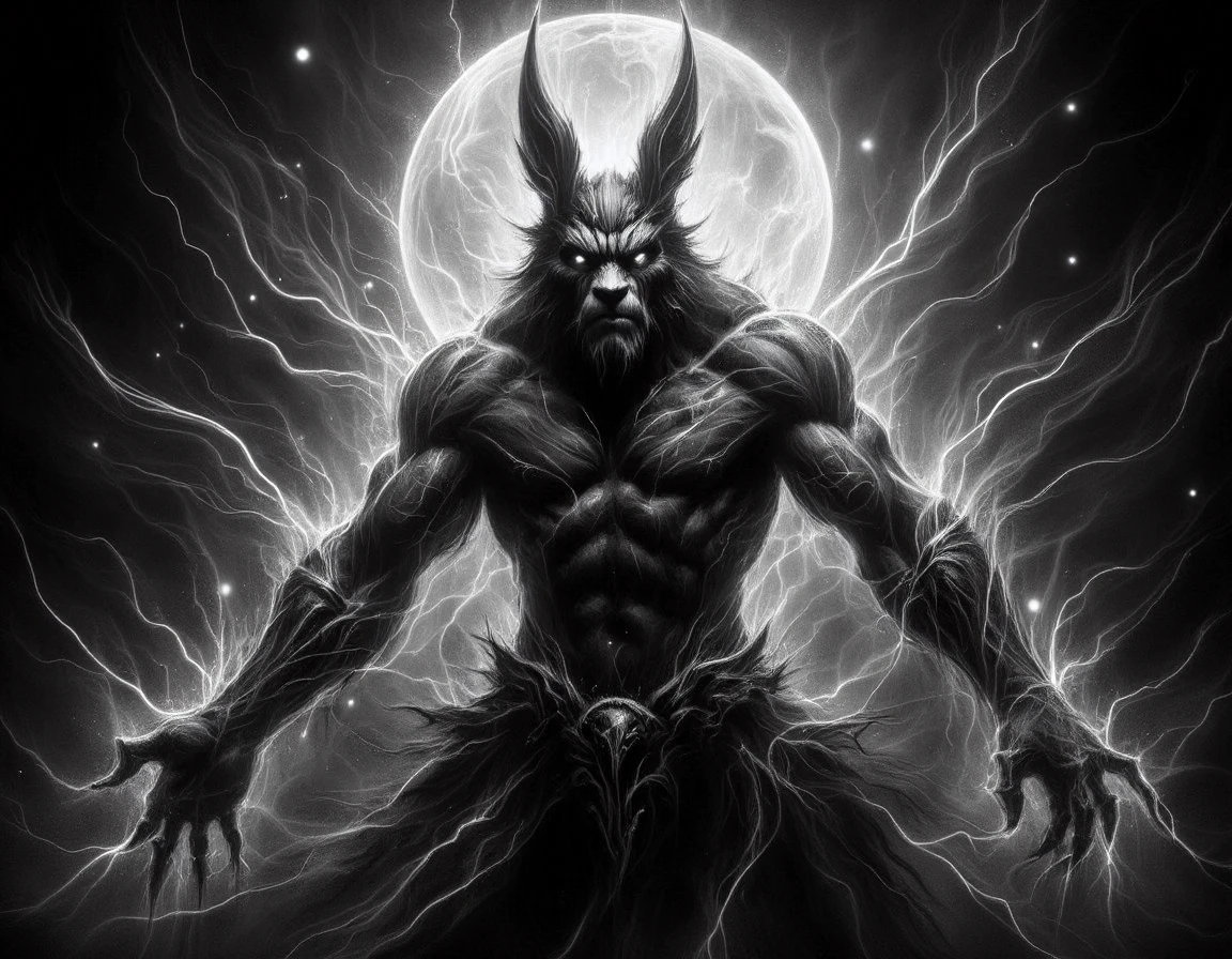 a charcoal electron  image of a rabbit-bear, malevolent male demon, humanoid appearance, attractive seductive demeanor,  horns, clawed hands, hoofs, dark demonic hues, enticing, nighttime seduction, sexual nightmares,, maniacal,rushing,enchanted,moonshadow,umbra,distressed  There are some lunar, clay, magenta rose in the electrons,<lora:Charcoal_Electron_Flux:1>,