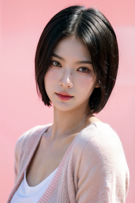 masterpiece, best quality, ultra-detailed, ultra high res, (photorealistic:1.4), raw photo, (realistic:0.2), 8k HDR, realistic cool temperature lighting, 1girl, solo, asymmetrical short hair, outdoor, (simple pink background:1.2), bokeh, (detailed lips), (detailed pores), (detailed skin textures), (detailed face:1.2), (body:1.2), a woman in a cardigan, promotional image, a character portrait,