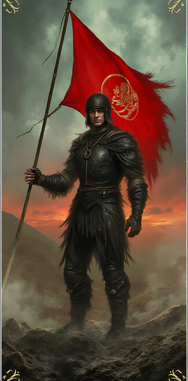 A man with a spear is standing in front of a flag.
Dr4GnAg3 tarot card