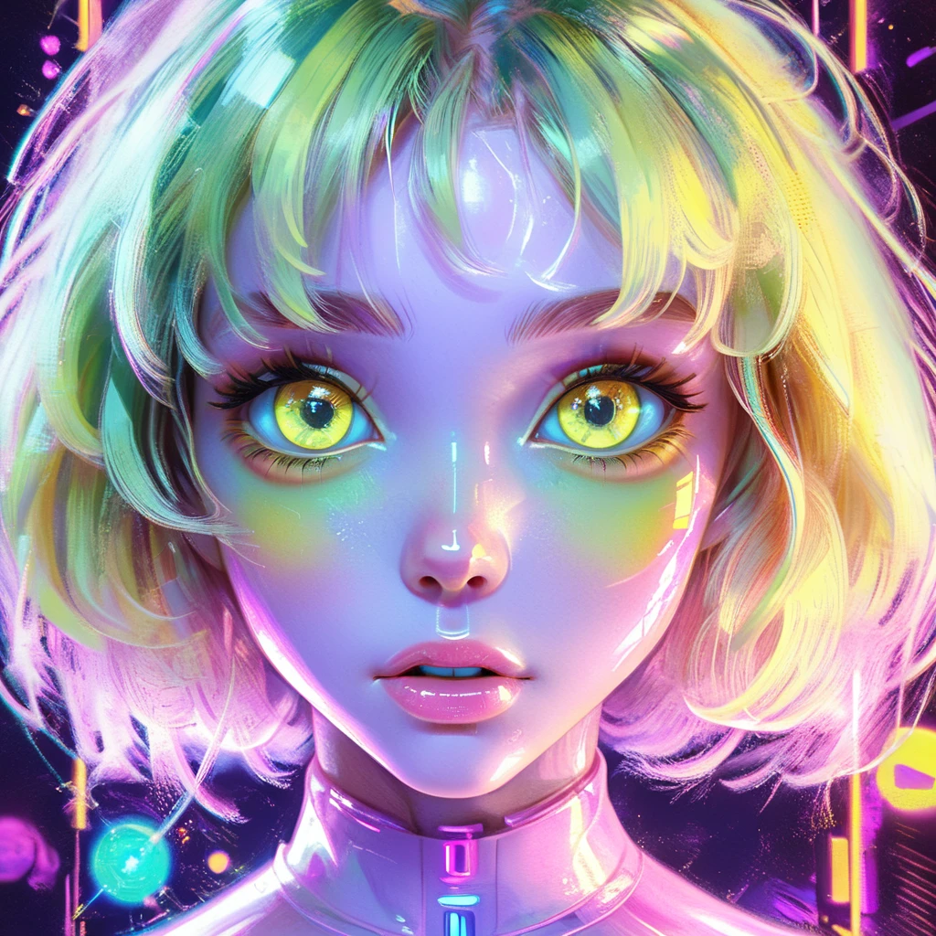 This is a digital art piece in a vibrant, futuristic style. The subject is a young woman with a striking, otherworldly appearance. She has a porcelain skin tone and striking, expressive eyes that glow with a mesmerizing mix of green and yellow hues, giving her an ethereal quality. Her hair is a mesmerizing, layered bob with a mix of soft pink and blue hues, styled in loose, wavy layers that frame her face.
, <lora:holographic:0.8>