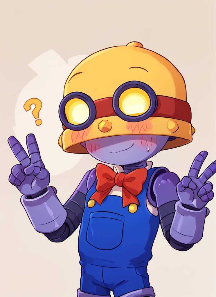 score_9, score_8_up, score_7_up, <lora:bscarl:1>bscarl , 1boy , robot , yellow headwear , goggles on headwear covered eyes, yellow eyes , solo , blue overalls, shorts , sleeveless, red bowtie, no nose, <lora:PossumMachine:1>posmach , confused, blush, ??? , smile, looking at viewer, v sing ,
