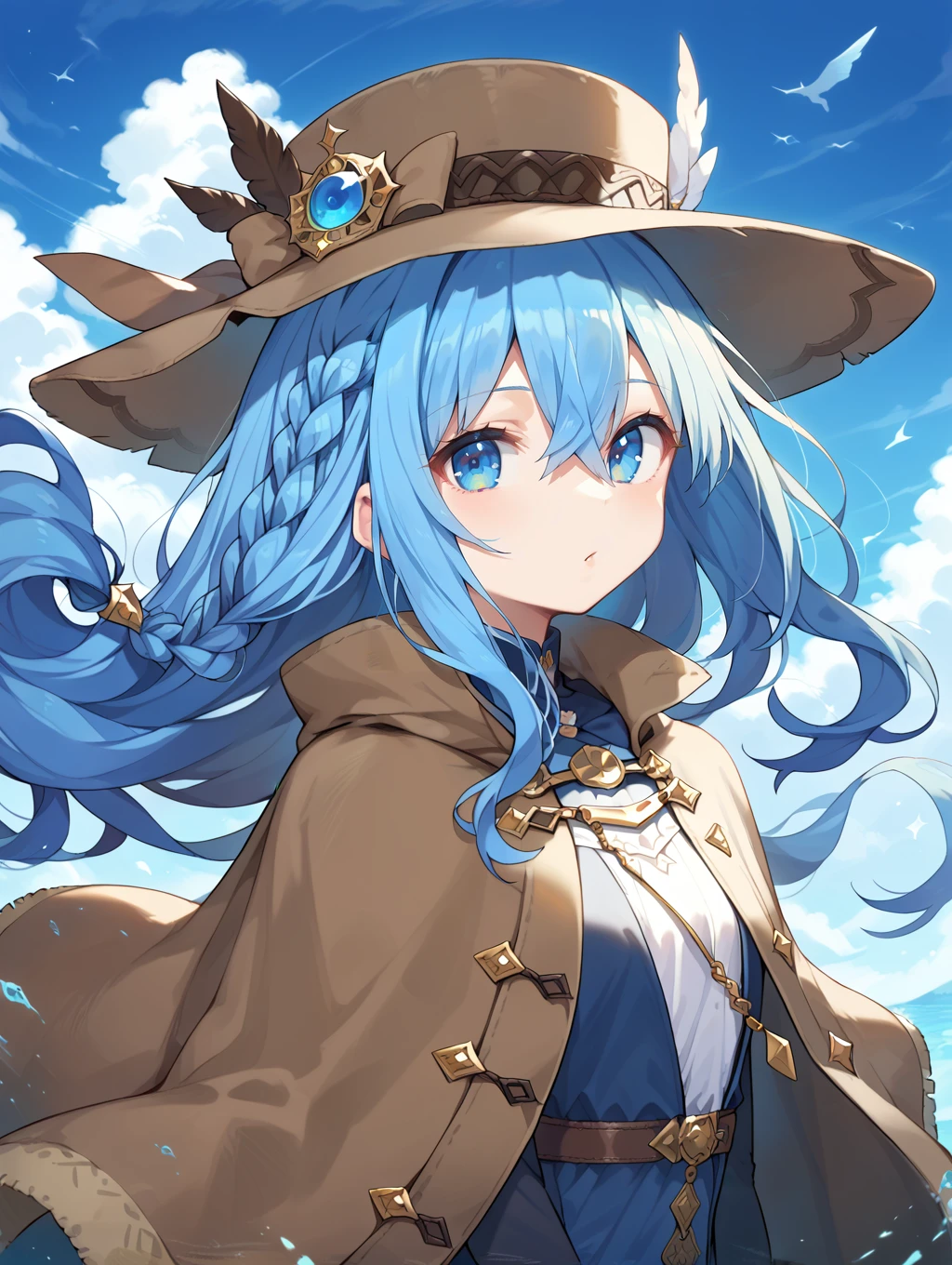 score_9, score_8_up, score_7_up,source_anime,
1girl,bangs,blue eyes,blue hair,braid,brown cape,cape,floating hair,hair between eyes,hat,long hair,looking at viewer,portrait,solo,
 <lora:style04:0.8>