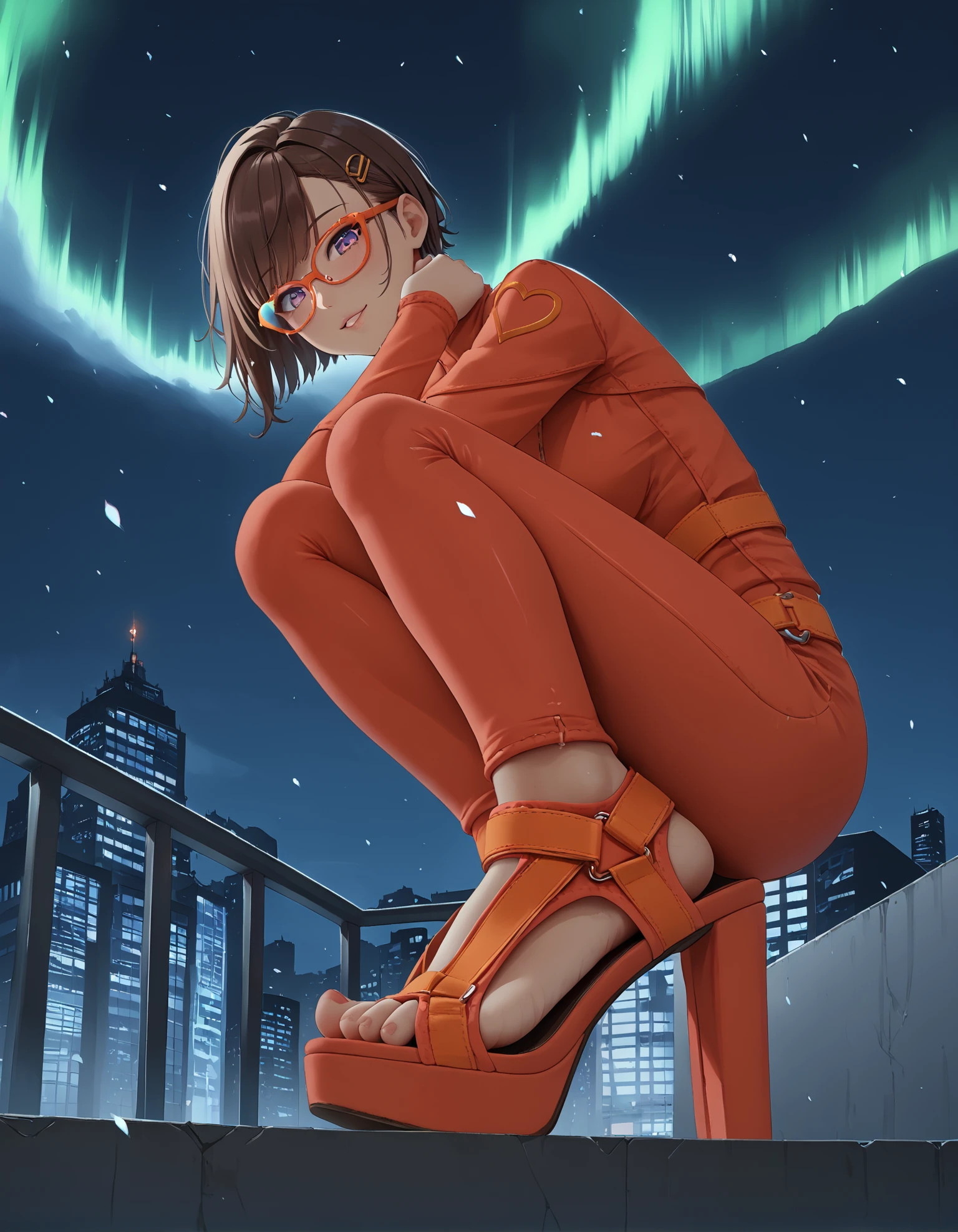 1girl, dark skin,
squatting, (rooftop:1.3), (skyline:1.2),  
from side,
red bodysuit, heart-shaped cutout, sexy attire,
brown hair, short hair, curly hair, 
(sp0rts4nd4l heels), feet, toes,
from below, 
heart-shaped glasses, orange frame glasses,
snowing, aurora borealis, 
night, dark, dark background, Low-key lighting,
color grading,
embedding:zPDXL2 ,