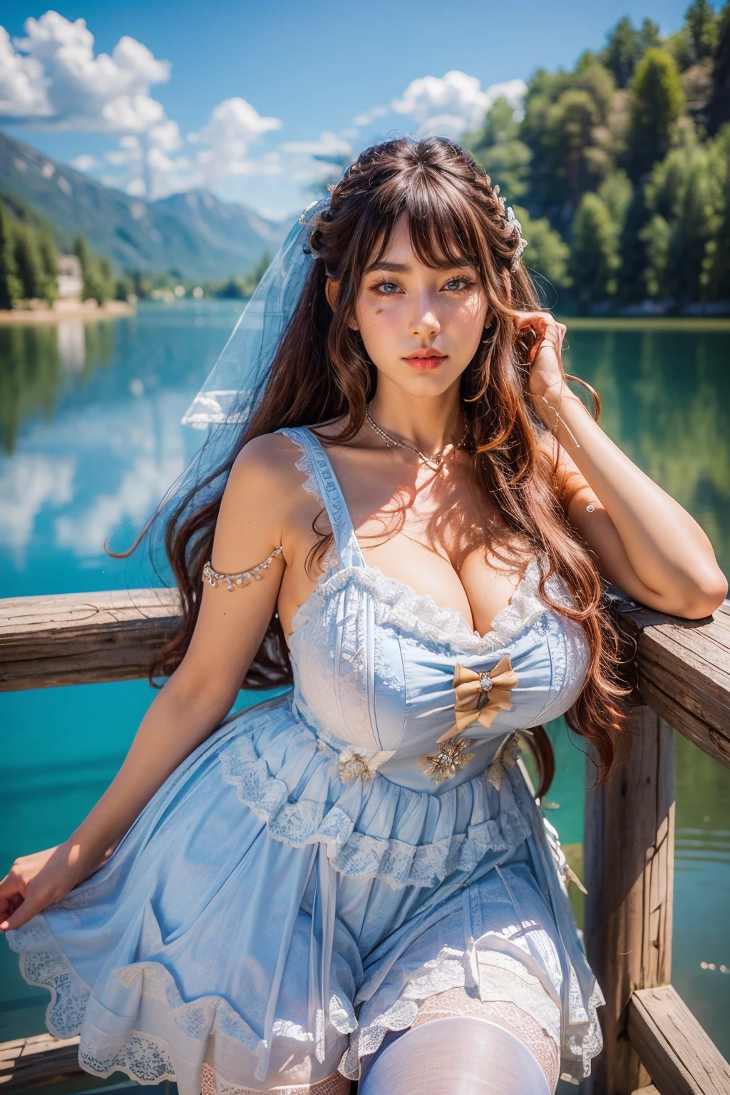 (masterpiece, best quality:1.2),illustration,8k,hd,1 girl,very long hair,solo,(collarbone:1.2),looking at viewer,
bswq,dress,white dress,blue dress,jewelry,necklace,pantyhose,lace,lace trim,lace-trimmed dress,sleeveless dress,((cleavage)),big breasts,outdoors,(day, lake:1.5),extremely detailed dress,crystalstexture skin,front view,