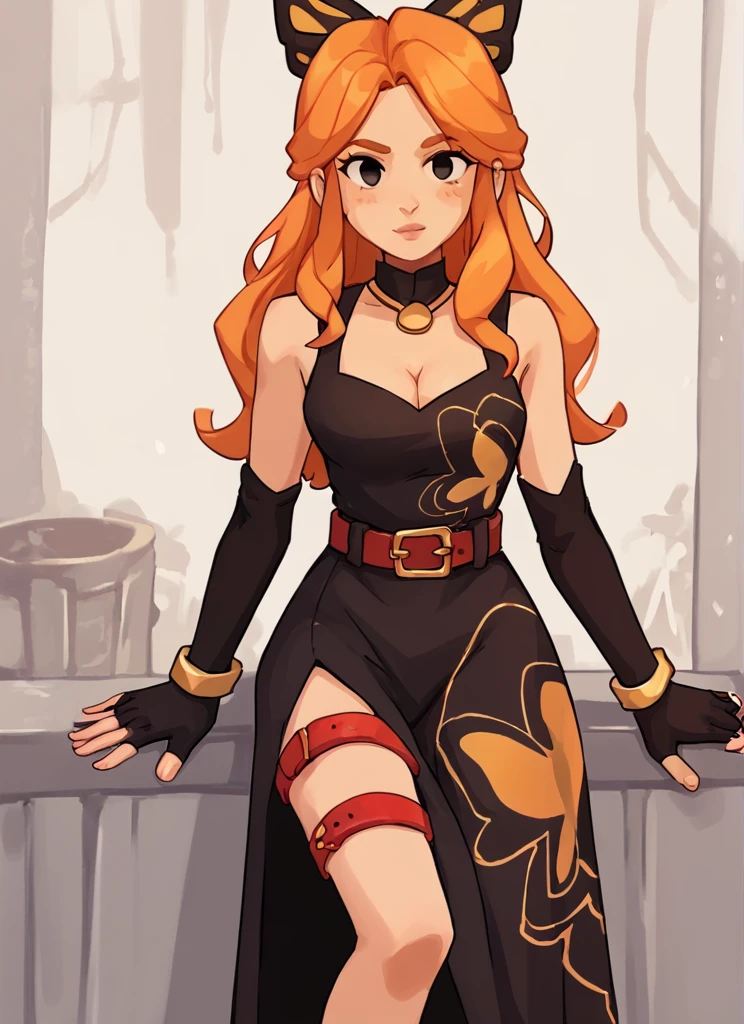 score_9, score_8_up, score_7_up,   1  girl  , bpiper  , orange hair, long hair,  butterfly hair ornament, cleavage , black sleeveless dress,long dress,  pelvic curtain, red thigh strap,  belt ,  black elbow gloves, fingerless gloves  <lora:bpiper-000004:1>    <lora:Yagi_the_Goat_Style:1>by s1120411    ,looking at viewer,