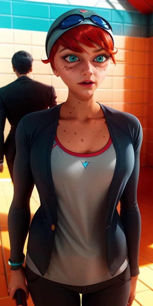 Hyperrealistic, photorealistic, super detailed, (long-sleeved blazer), trousers, expressive brilliant turquoise eyes, short red hair, body like in real life, several freckles on face, large pores, peach skin, slender, beautiful arms, very little very flat breasts, unreal engine, octane render, droped shadow, bokeh, cinematic lighting, <lora:add_detail:0.5>, <lora:Volumetric_lighting:0.6>, Ondine, <lora:4507115e-c874-4ac1-a882-1dcdf4e235ab:0.7>