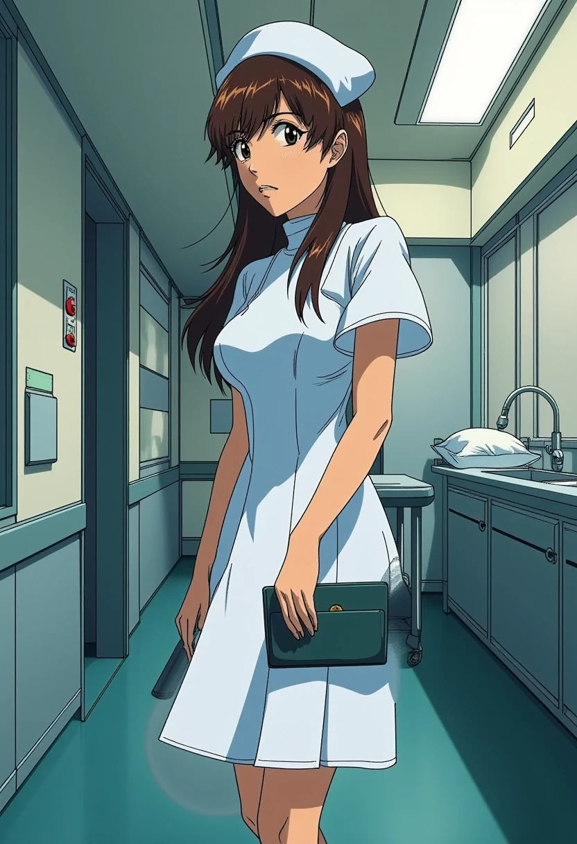 Anime style, sharp, high contrast and highly detailed. Ghibli anime style. Perfect anatomy. Perfect body ratio. No oversized head. No blurry, out of focus pictures. No simple background, no single color background.
A nurse is standing inside a ward. She is holding a folder. She wears a nurse uniform and nurse cap with matching colors.
Full body, wide angle.
 <lora:Nurse_Uniform_-_Anime_Flux-000003:1> 
 <lora:Suzuhara_Sakura_-_Flux_prototype:0.8> suzuharasakura