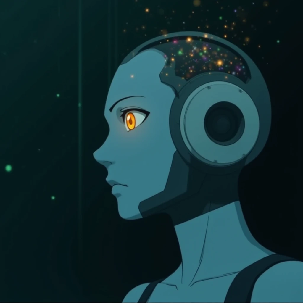 Anime screencap featuring a Minimalist and abstract side profile of a robot woman with a universe sprouting from her mind as she opens her eyes and attains consciousness for the first time in the dark. She has beautiful and intelligent bright orange eyes brimming with knowledge and benevolence. Mostly in hues of blue and green. , <lora:Katheryn_Winnick_FLUX_v1-000040:1>