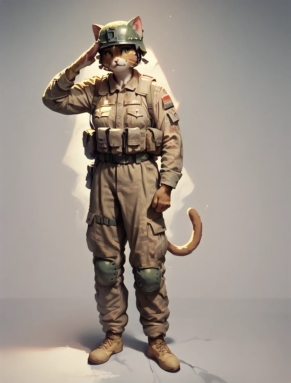 score_9, score_8_up, score_7_up, score_6_up, score_5_up, AmericanSoldier, furry female cat, full body, salute, helmet, cat ears, standing, medium breasts, solo,  <lora:AmericanSoldierV2:1>