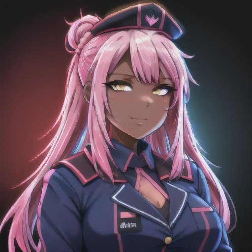 masterpiece, best quality, 

chloe, yellow eyes, dark skin, pink hair, long hair, hair ornament, half updo, stomach tattoo, 1girl, solo, pink hair, side ponytail,

uafporait, military, goverment, dark blue uniform, blue navy captain hat, dark blue white clothes, 
red backlight, blue backlight

