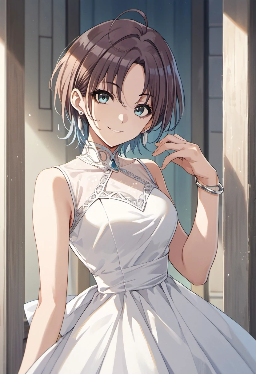 score_9, score_8_up, score_7_up, source_anime,asakura toru, short hair, brown hair, blue hair, blue eyes, 1girl, solo, dress,  looking at viewer, ahoge, jewelry, earrings, smile, white dress, parted bangs, bracelet, sleeveless dress