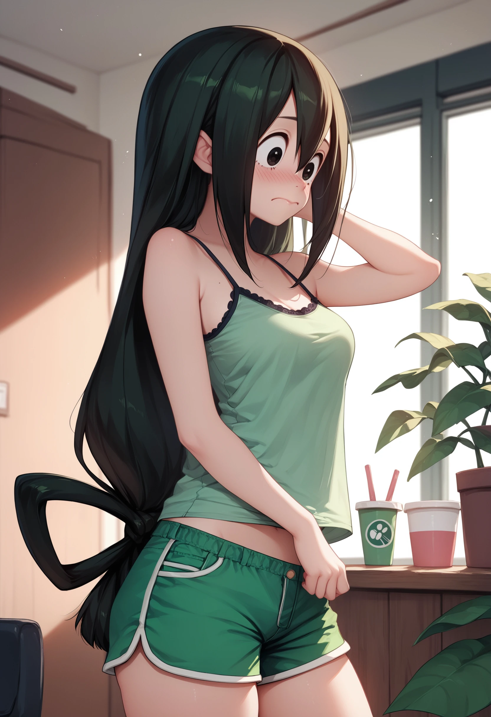 zPDXL3, score_9, score_8_up, score_7_up, score_6_up, score_5_up, score_4_up, 
1girl, solo, medium breasts, 
blush, crawling,
camisole, lowleg shorts,
otaku room,
<lora:MHA - Asui Tsuyu v1:1> mhatsuyu,