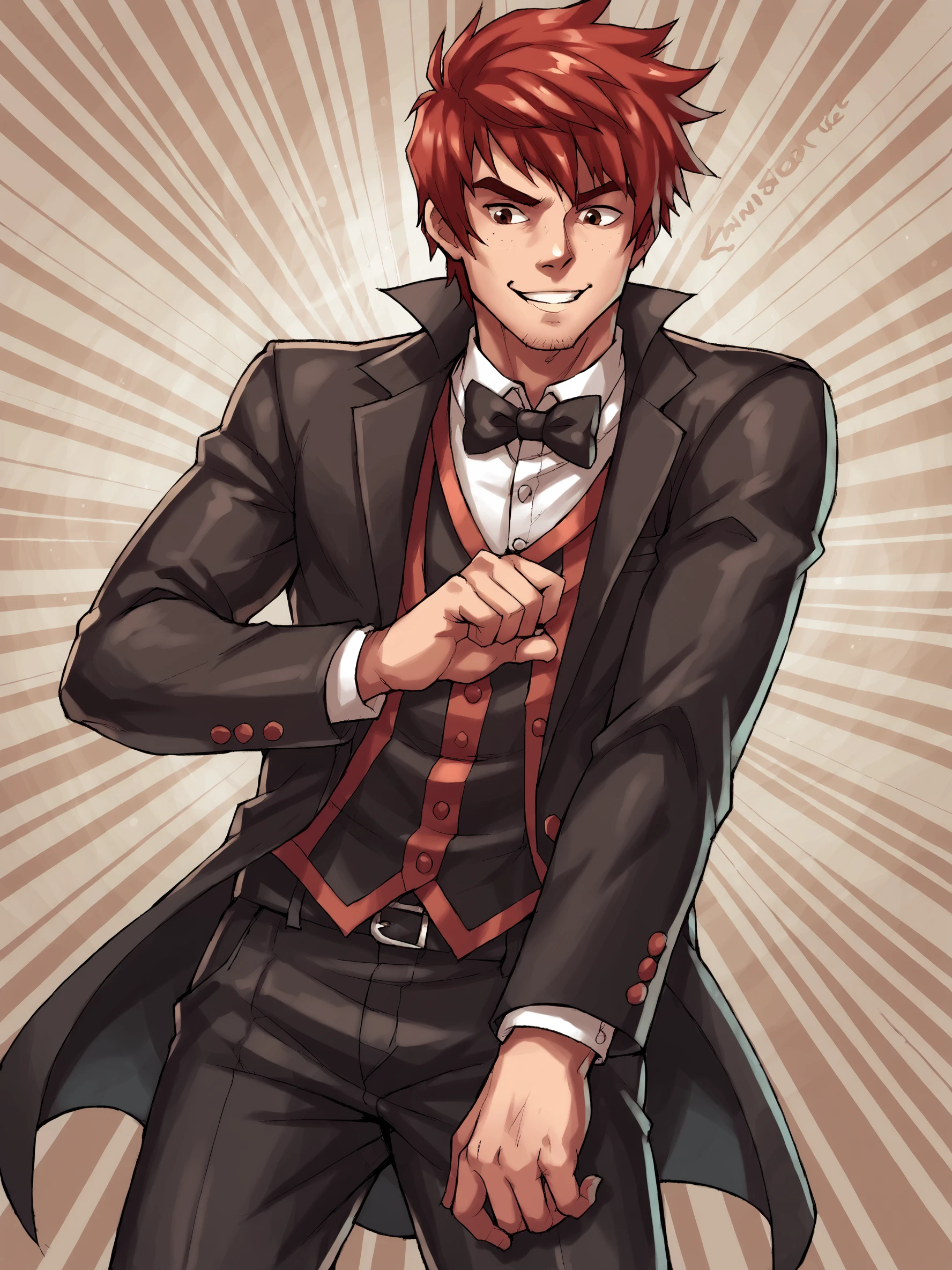 score_9, score_8up, score_7up, score_6up, score_5up, score_4up, source_cartoon, rating_safe, abstract background BREAK
male, sc5xiba, red hair, brown eyes, black tuxedo, bowtie, BREAK
 <lora:Xiba_-_Soul_Calibur_5_-_PDXL:1>