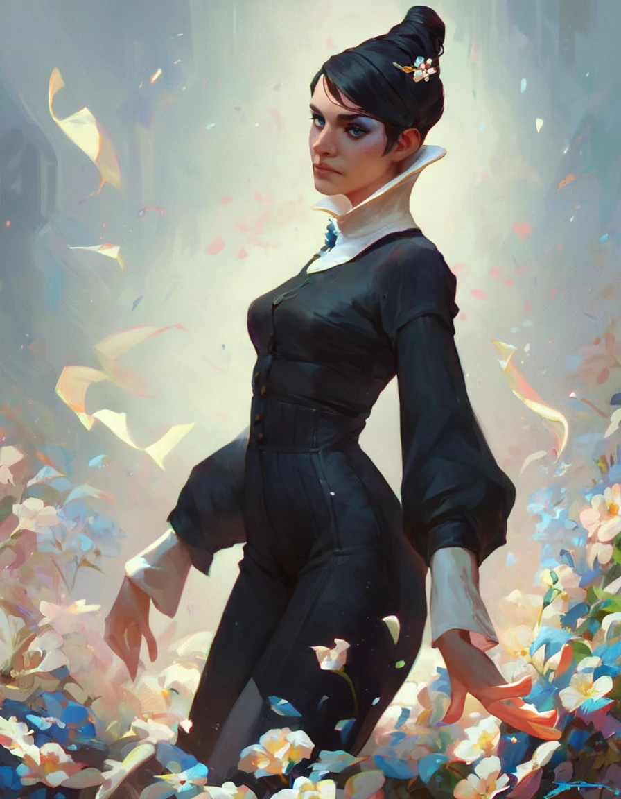 <lora:dishonored_xr_jessamine_v1.0b:0.85> score_9, score_8_up, score_7_up, jessamine, a woman in a black suit with a white collar, holds a flower in a fortress, makeup, hair bun, long hair, narrow waist, looks at the viewer, dynamic ankle, cowboy shot, dynamic pose, cute, wide frame, realistic,