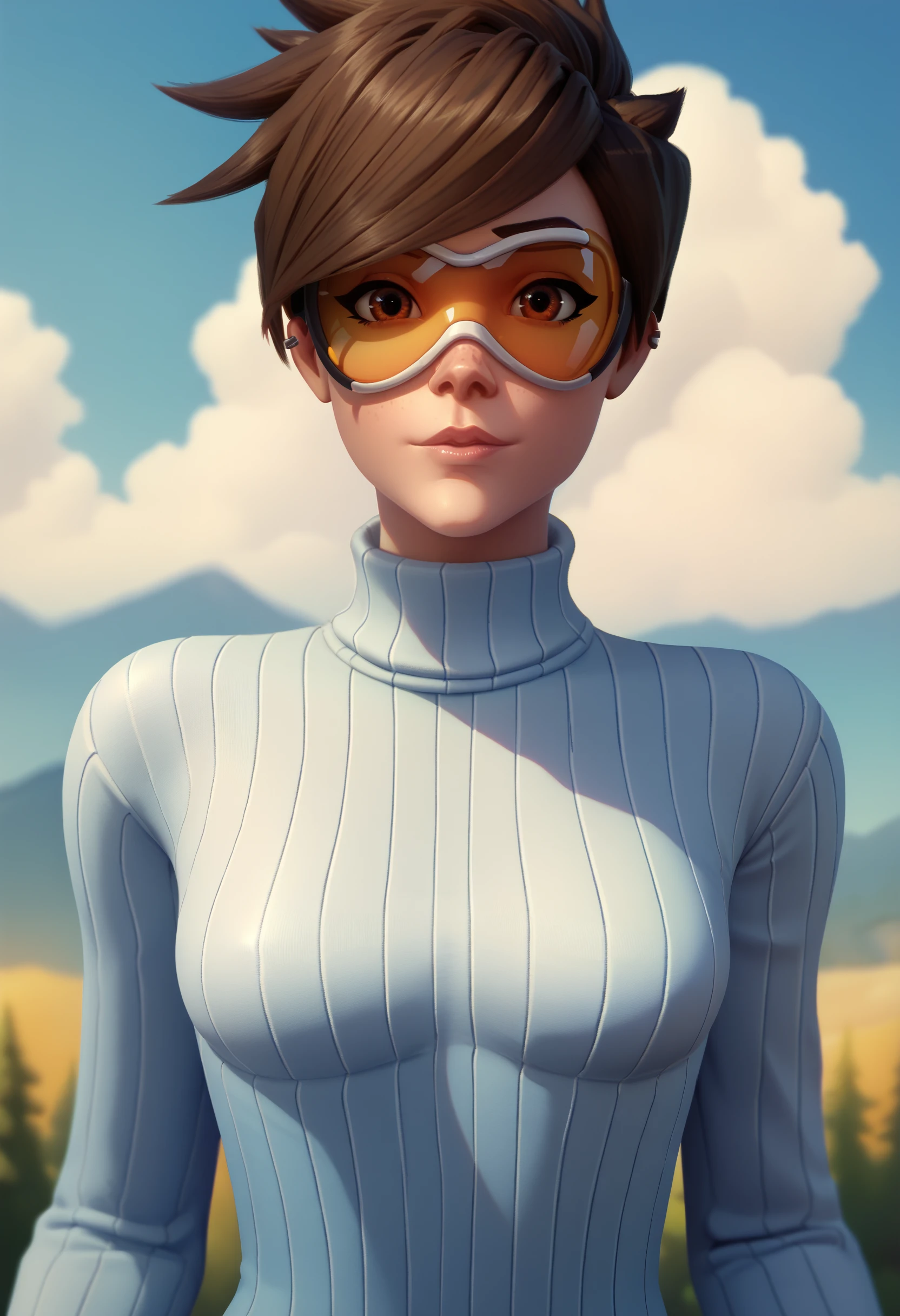 score_9, score_7_up, <lora:forceballfx-guy-PONY-DORAv1:1>, 1girl, solo, tracer \(overwatch\), ribbed sweater, portrait, looking at viewer, blue sky, depth of field, cloud, sunglasses