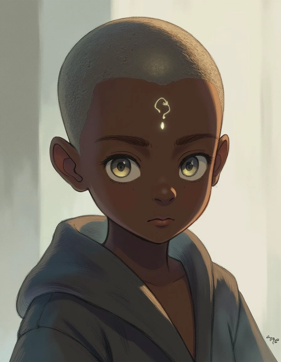 A short boy with dark skin and bright silver eyes. His shaved head is adorned with small, glowing runes, and he wears loose robes that shimmer faintly in the light.
<lora:Fabula_Ultima Character_Art_Style_epoch_7:0.9>,