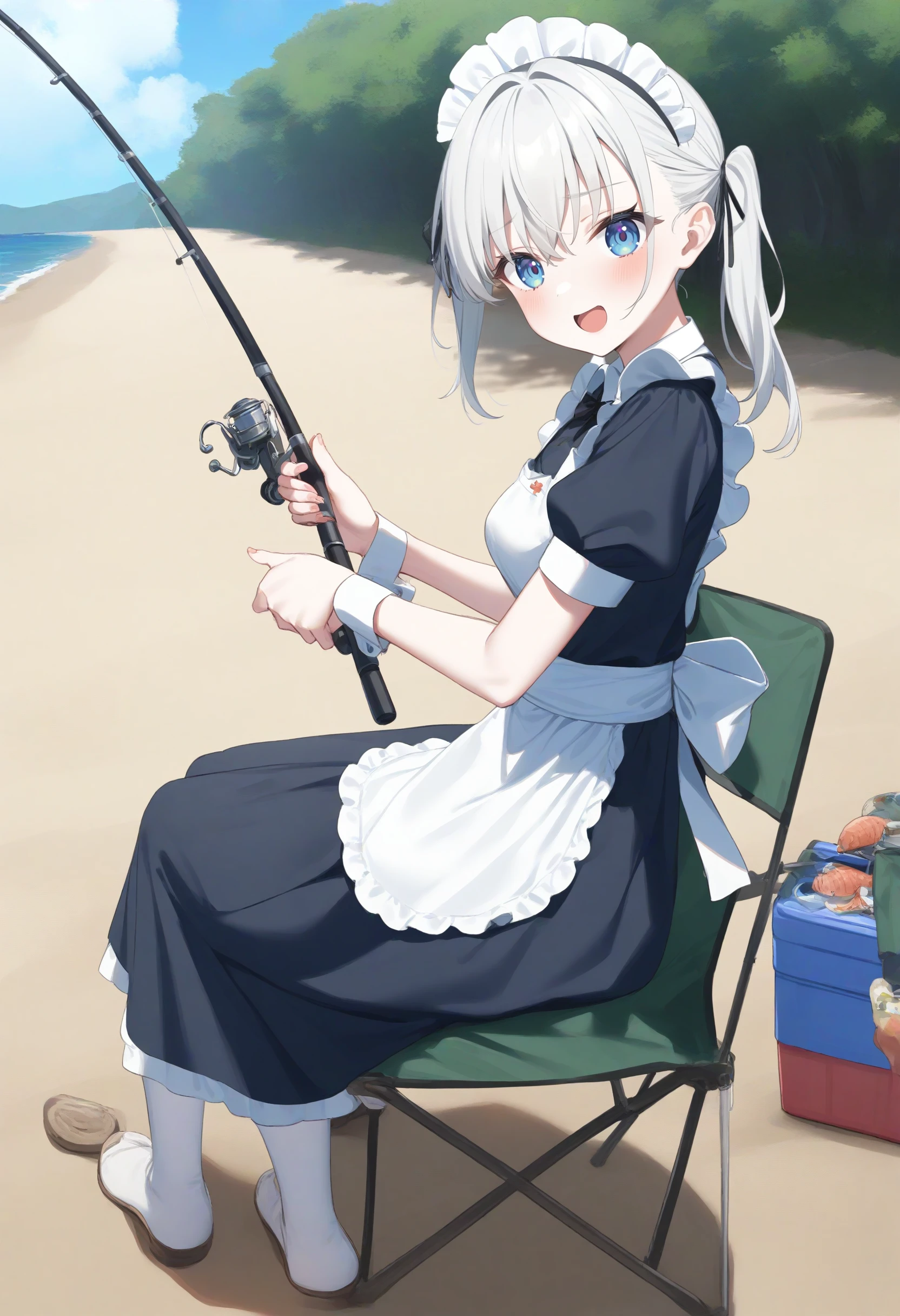 1girl,sincos, ningen mame, toosaka asagi,solo,medium breasts,20yo,maid,maid headdress,
fishing, fishing rod, sky, sitting, day, outdoors, holding fishing rod, cooler, ocean, fishing line,<lora:fishing_XL_v1:0.8>
from side, full body, looking back, white hair, gray eyes,laugh,  open mouth, bow-shaped hair,,
best quality, very aesthetic, absurdres