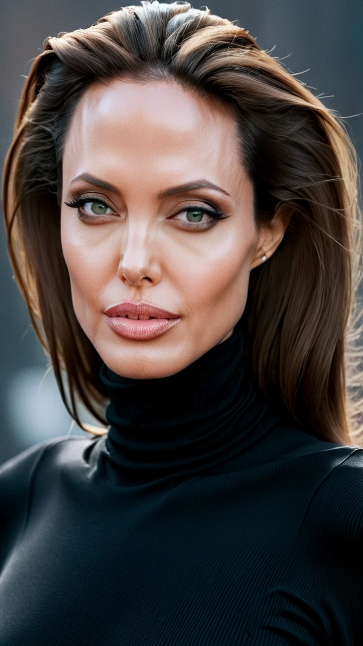 A stunning intricate full color portrait of Angelina Jolie, wearing a black turtleneck, epic character composition, by ilya kuvshinov, alessio albi, nina masic, sharp focus, natural lighting, subsurface scattering, f2, 35mm, film grain,  <lora:Angelina_Jolie:1>