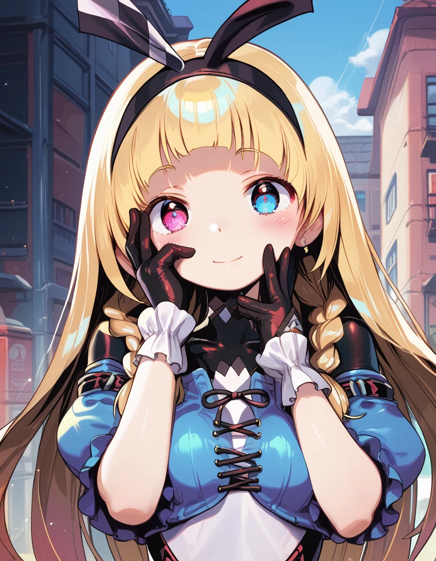 alyce_(dohna_dohna), blonde hair, long hair, pink eyes,blue eyes,heterochromia,twin braids, blunt bangs, side braids,
black hairband, bodysuit under clothes, black bodysuit, frilled dress, black gloves, argyle clothes, blue dress, white dress, watch, pocket watch, black footwear, frills, argyle legwear, pantyhose,two-tone dress, shoes, cross-laced dress, purple eyes, puffy sleeves, short sleeves, long sleeves, ribbon
 <lora:alyce_(dohna_dohna)_pony_v1:1>
standing, (dynamic pose) ,
closed mouth, blush,light smile
looking at viewer,(upper body,close-up,:1.3),
outdoors,, score_9, score_8_up, score_7_up, best quapoty, highres, absurdres, source_anime, zPDXL2, 1girl,