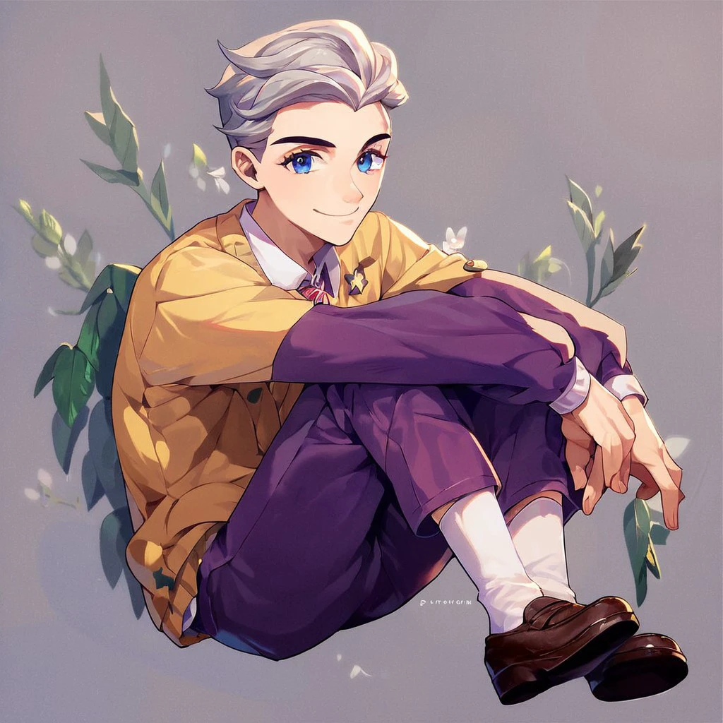 (masterpiece), score_9, score_8_up, score_7_up, score_6_up, score_5_up, score_4_up, 1boy, solo, Atticus, grey hair, blue eyes, school uniform, yellow vest, purple pants, shoes, socks, smile, looking at viewer, smile, school background