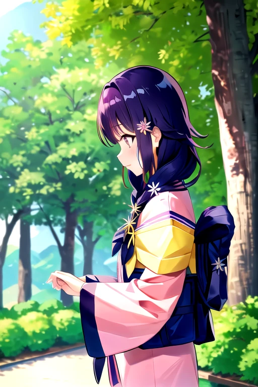 masterpiece,hires,4k,8k,hdr,Qayo,1girl,solo,long hair,hair ornament,long sleeves,closed mouth,blue hair,standing,flower,outdoors,japanese clothes,day,hair flower,kimono,from side,tree,sash,profile,obi,looking down,plant,nature,pink flower,bush,pink kimono,yoroizuka mizore,<lora:Sayo_Lora:1>,