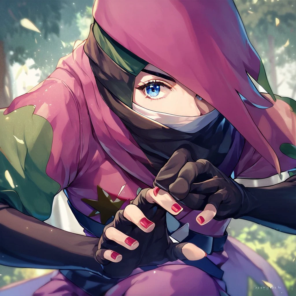 (masterpiece), score_9, score_8_up, score_7_up, score_6_up, score_5_up, score_4_up, 1boy, solo, Atticus, blue eyes, painted nails, ninja costume, mask, ninja pose, forest background