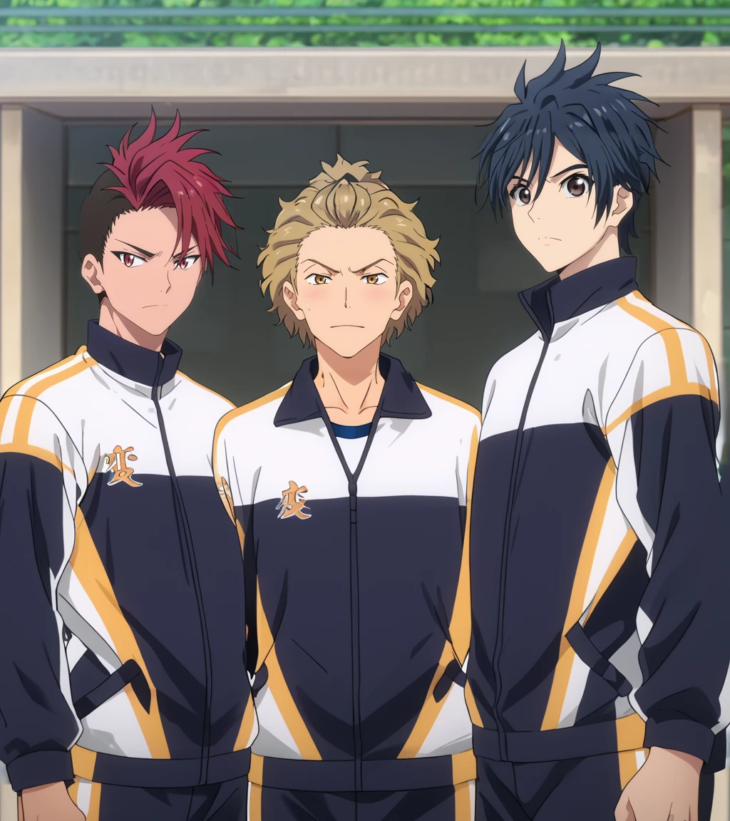 zPDXL2,<lora:re_main-000007>,rating_safe,cowboy shot,3boys,multiple boys,minato kiyomizu,male focus,looking at viewer,club track jacket BREAK takekazu ejiri BREAK jou joujima,crossed_arms,