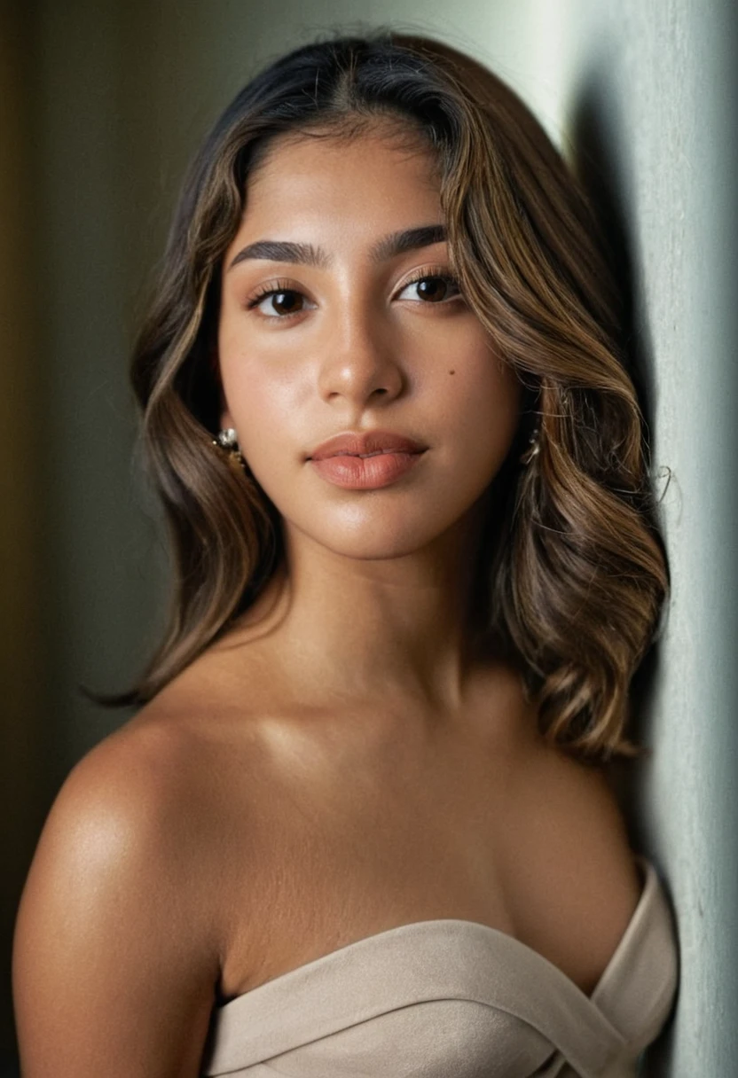 A photograph of (1girl, 21 years old,  slight smile, <lora:ZH_IsaFerreira_v1SDXL:1>, zh_isaferreira, solo, long hair, realistic, brown hair, looking at viewer, brown eyes) wearing (strapless dress)