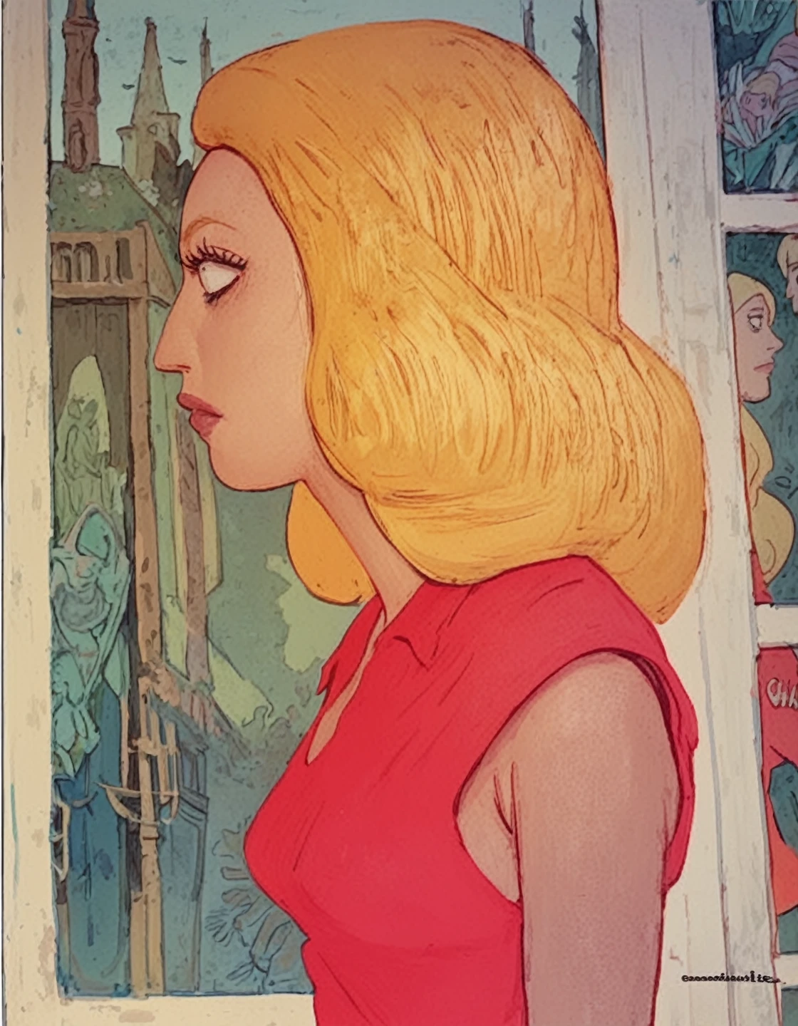 <lora:czene-bela_pony_v1:1>' beth ' by bela czene in 1988,neoclassicism \(style\),genre painting \(genre\),    <lora:BethSmithPony1.0:0.9>  side view, eyelashes, blonde hair, breasts, red shirt, score_9, score_6_up, score_7_up