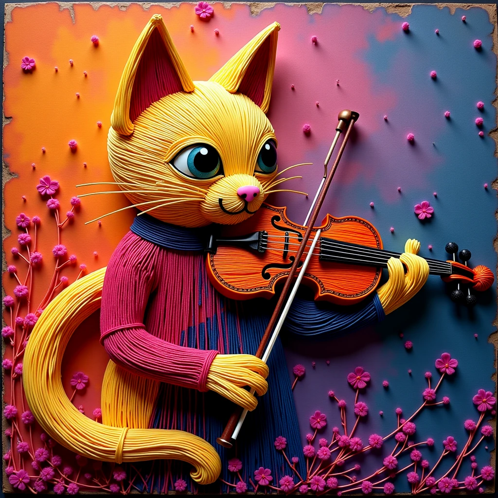 A string art cat, strumming a violin. 2D.

strngartCE style