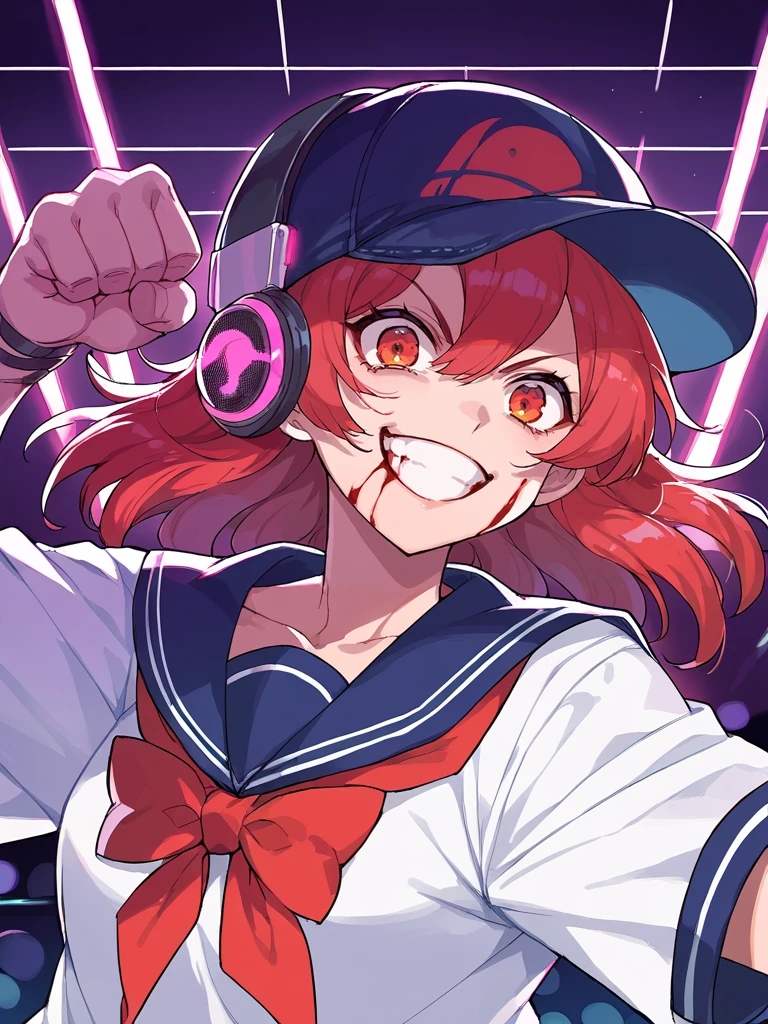 score_9,score_8_up,score_7_up,source_anime,rating_questionable,higres illustration,1girl,<lora:headphones_hat:1>,hat,upper body,school uniform,nightclub,dark room,neon lights,indoors,red hair,crazy smile,punching,blood,