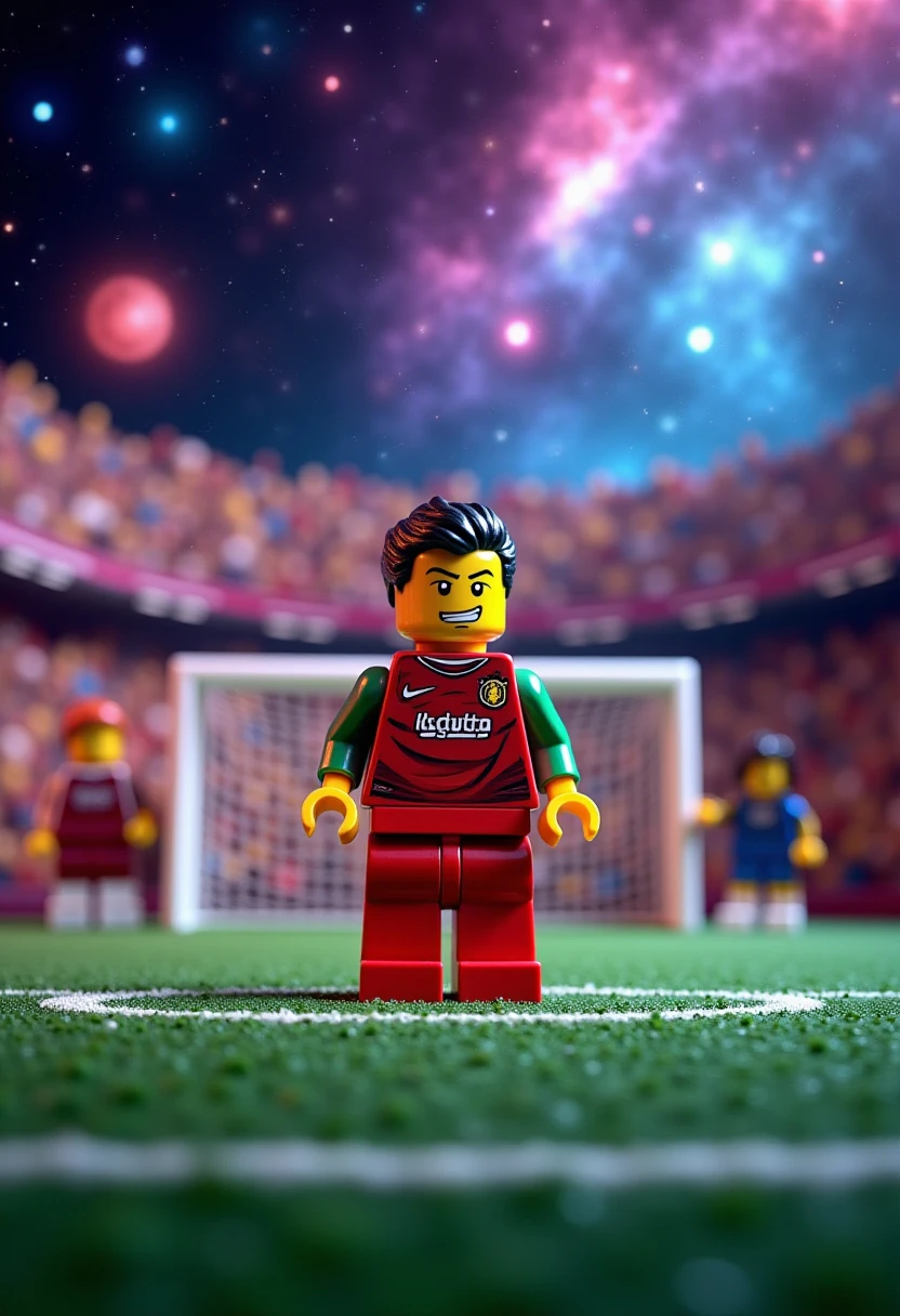 a LEGO scene featuring a Cristiano Ronaldo figure standing triumphantly on a football field. The field should be detailed with goalposts, painted lines, and a cheering crowd in the background. Ronaldo should be in his iconic football kit, striking a dynamic pose as if celebrating a goal, with a football at his feet. Behind him, create a stunning galaxy backdrop filled with swirling stars, vibrant colors, and cosmic elements, adding a sense of grandeur and inspiration. This scene captures the energy of sports and the limitless potential of dreams, merging the world of football with the wonders of the universe . gl3go1xy <lora:FLUX_GL3GO1XY_LoRA:1>