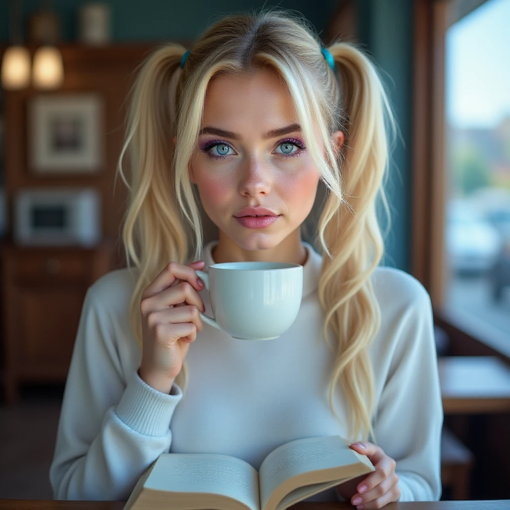 <lora:PPGBubblesV4m:1>, raw photo of ohwx woman with pale blonde pigtails and large bright blue eyes, drinking coffee at a cafe with her favorite book