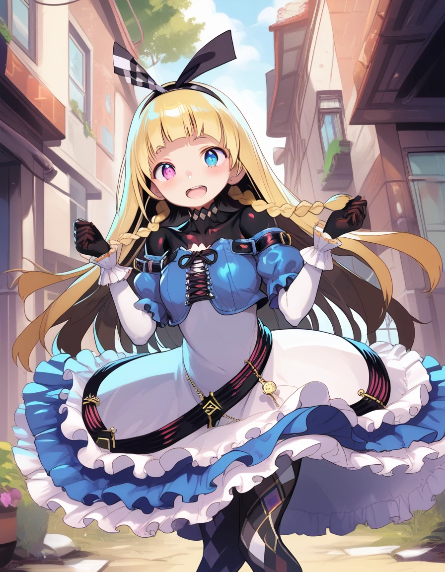 alyce_(dohna_dohna), blonde hair, long hair, pink eyes,blue eyes,heterochromia,twin braids, blunt bangs, side braids,
black hairband, bodysuit under clothes, black bodysuit, frilled dress, black gloves, argyle clothes, blue dress, white dress, watch, pocket watch, black footwear, frills, argyle legwear, pantyhose,two-tone dress, shoes, cross-laced dress, purple eyes, puffy sleeves, short sleeves, long sleeves, ribbon
 <lora:alyce_(dohna_dohna)_pony_v1:1>
standing, (dynamic pose) ,
open mouth, blush,light smile
looking at viewer,(cowboy shot,:1.3),
outdoors,, score_9, score_8_up, score_7_up, best quapoty, highres, absurdres, source_anime, zPDXL2, 1girl,