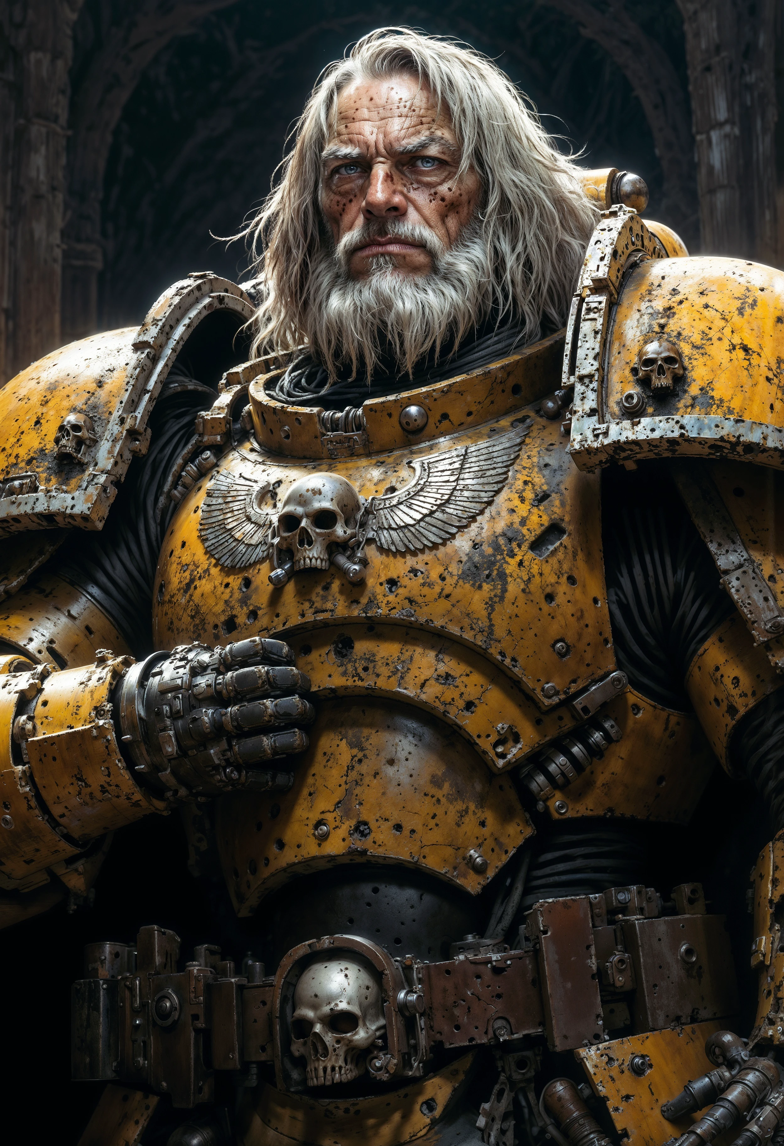 Highly detailed and realistic fantasy character in a dramatic shot. Epic cinematic depiction of a very old Paladin in full ImperialF40k power armor. He is bearded and his hair is going grey.  <lora:FluxImperialF40k:1>  <lora:FluxMythP0rtr4itStyle:0.5>  <lora:sxz-Dark-Fantasy-v2-Flux:0.5>  <lora:flux_realism_lora:0.8>