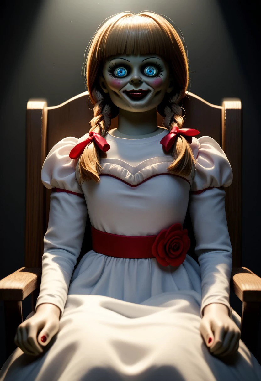 score_9, score_8_up, score_7_up, score_6_up, Annabelle, Smile, 1Girl, Dress, White dress, Twin Braids, Lipstick, Flower on dress, hair ribbon, blue eyes, looking at viewer, Sitting in rocking chair, dark room, black room, spotlight, spooky, eerie, uncanny, Horror (theme), doll,