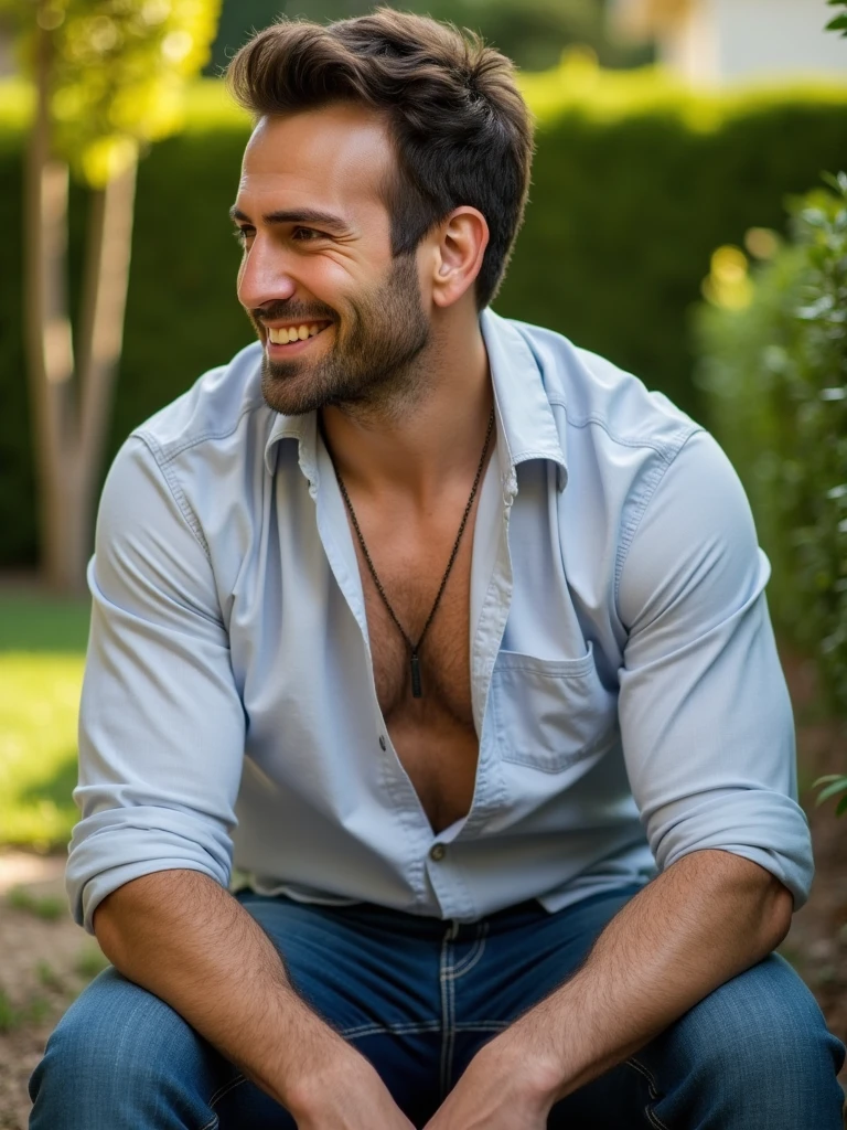 bugra, man sitting in garden, athletic, jeans, shirt, looking to side, hairy chest, sunny day, volumineous light, smiling,