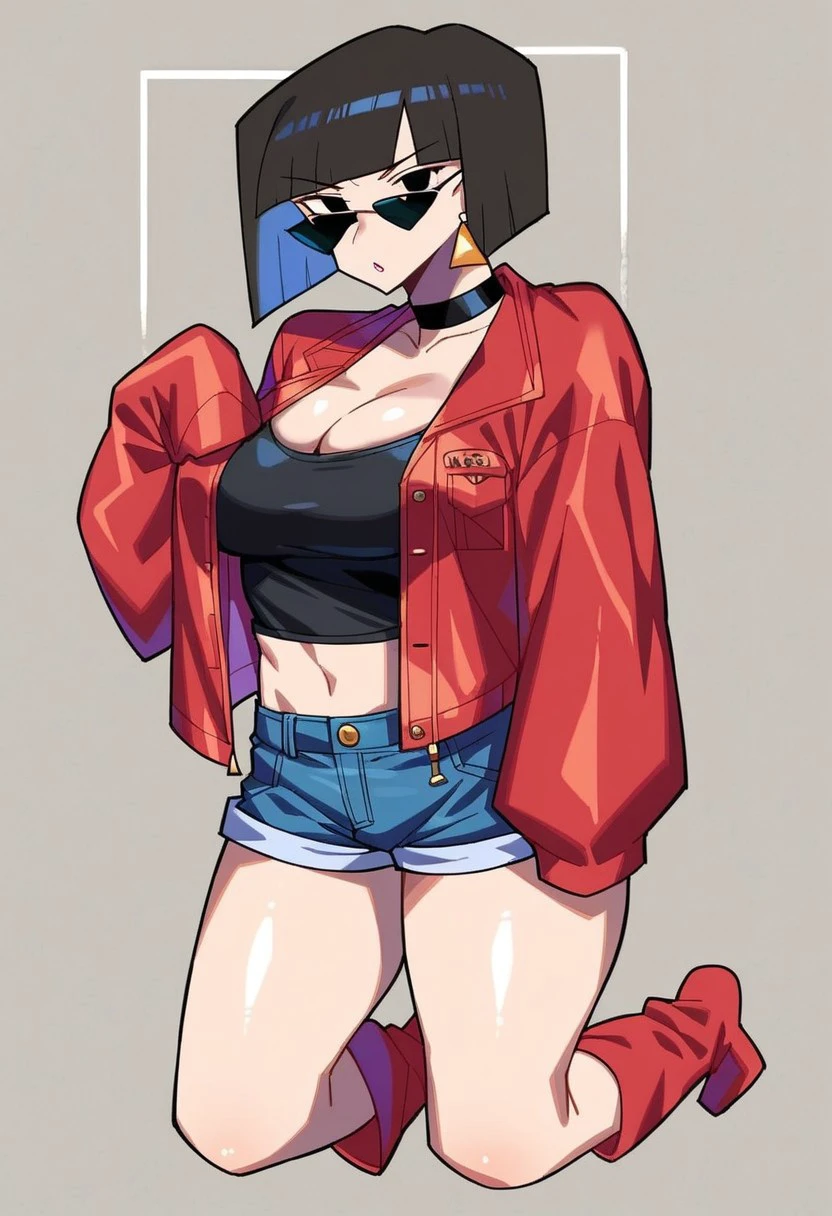 1 woman, Kayoko , Short black and white hair , red eyes , sly face , black bikini , abdomen , Long legs , hands on hips... , canvas shoes , convenience store