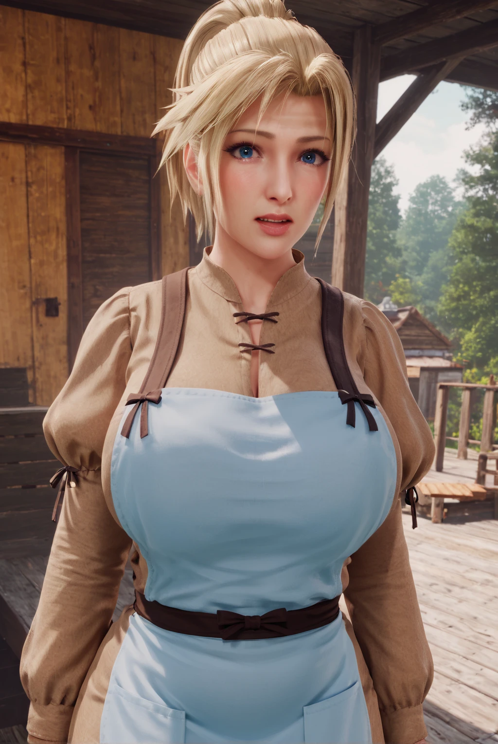 score_9, score_8_up, score_7_up, 1girl, solo, realistic, ClaudiaFF7R, Claudia Strife, mature female, plump, ponytail, blonde hair, blue eyes, blush, embarrassed, surprised, huge breasts, brown dress, long sleeves, puffy sleeves, (white apron), looking at viewer, wooden house