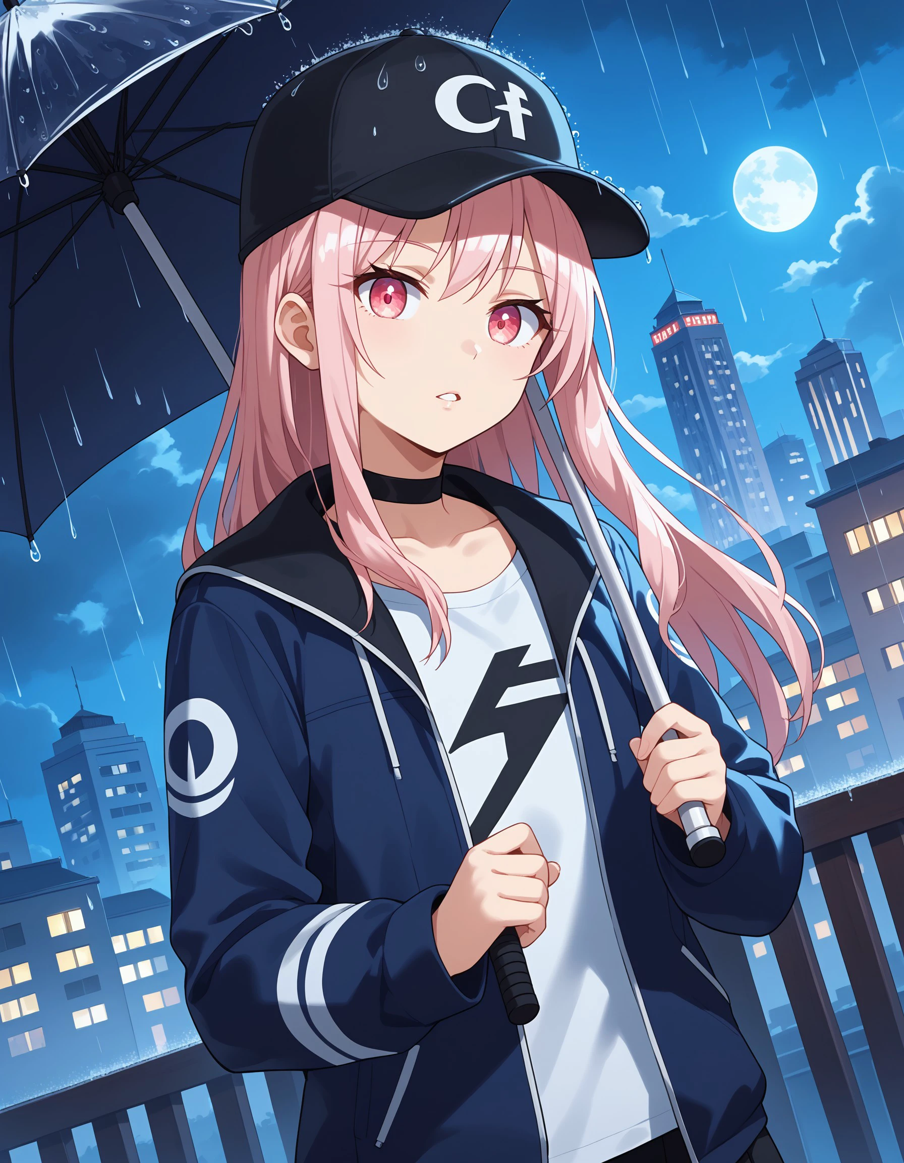 (masterpiece), best quality, expressive eyes, perfect face, akiyama_m, 1girl, long hair, looking at viewer, shirt, long sleeves, hat, holding, jacket, outdoors, parted lips, open clothes, sky, choker, cloud, open jacket, dutch angle, black headwear, night, umbrella, black choker, cloudy sky, building, baseball cap, rain, holding umbrella, city, cityscape, transparent, transparent umbrella, <lora:2b3ece8f-5cff-4de1-95f1-40db7d35ae8a:0.7>