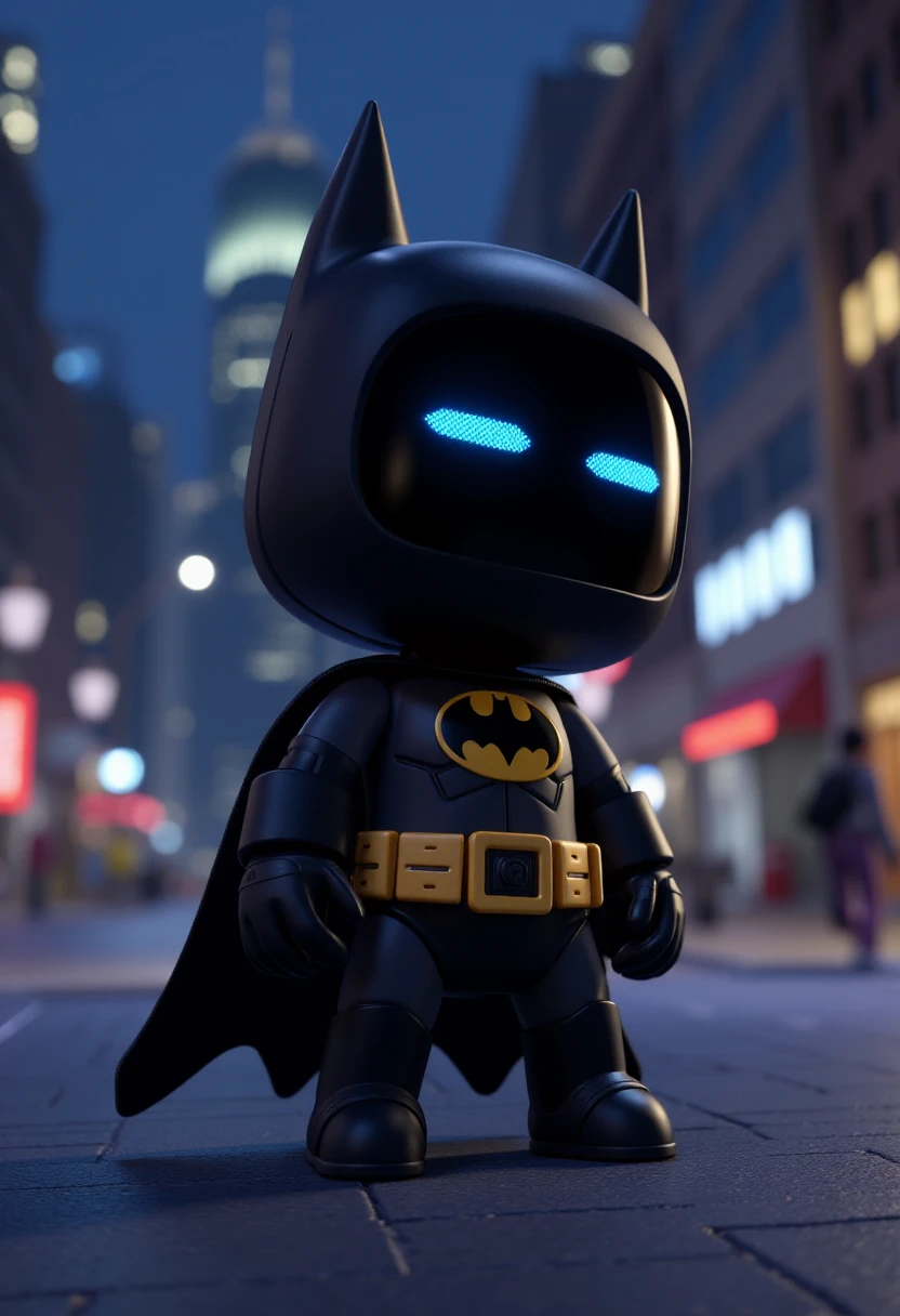 The image is a digital CGI illustration featuring a stylized, anthropomorphic robot standing in a city night scene. The robot, resembling Batman, has a sleek, rounded body with a black, glossy head featuring glowing blue eyes and a small, pixelated display screen. The robot's is dressed like Batman.   <lora:Astro_Bot_Builder_FLUX:1>